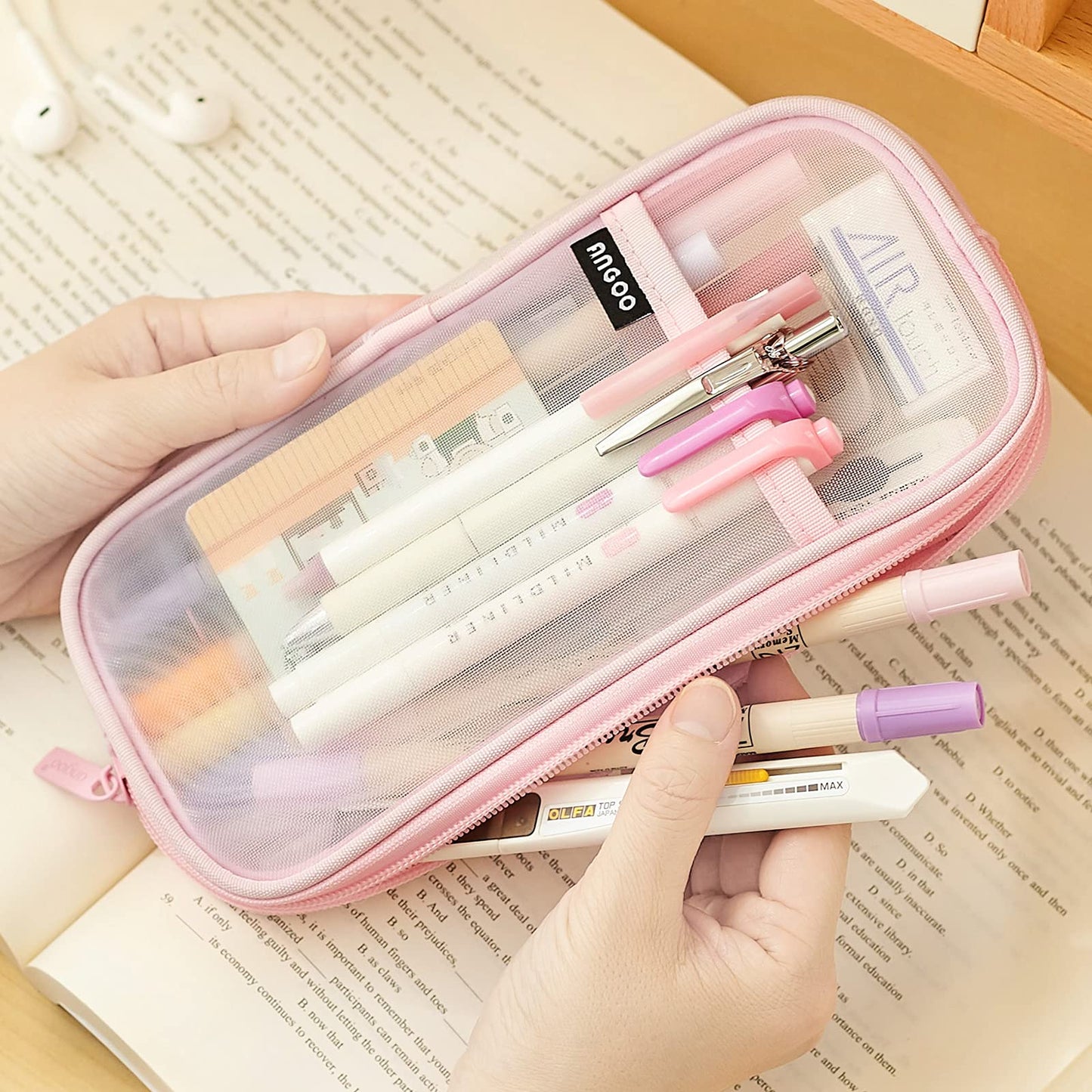 EASTHILL Grid Mesh Pen Pencil Case with Zipper Clear Makeup Color Pouch Cosmetics Bag Multi-Purpose Travel School Teen Girls and Boys Transparent Stationary Bag Office Organizer Box for Adluts(Pink)