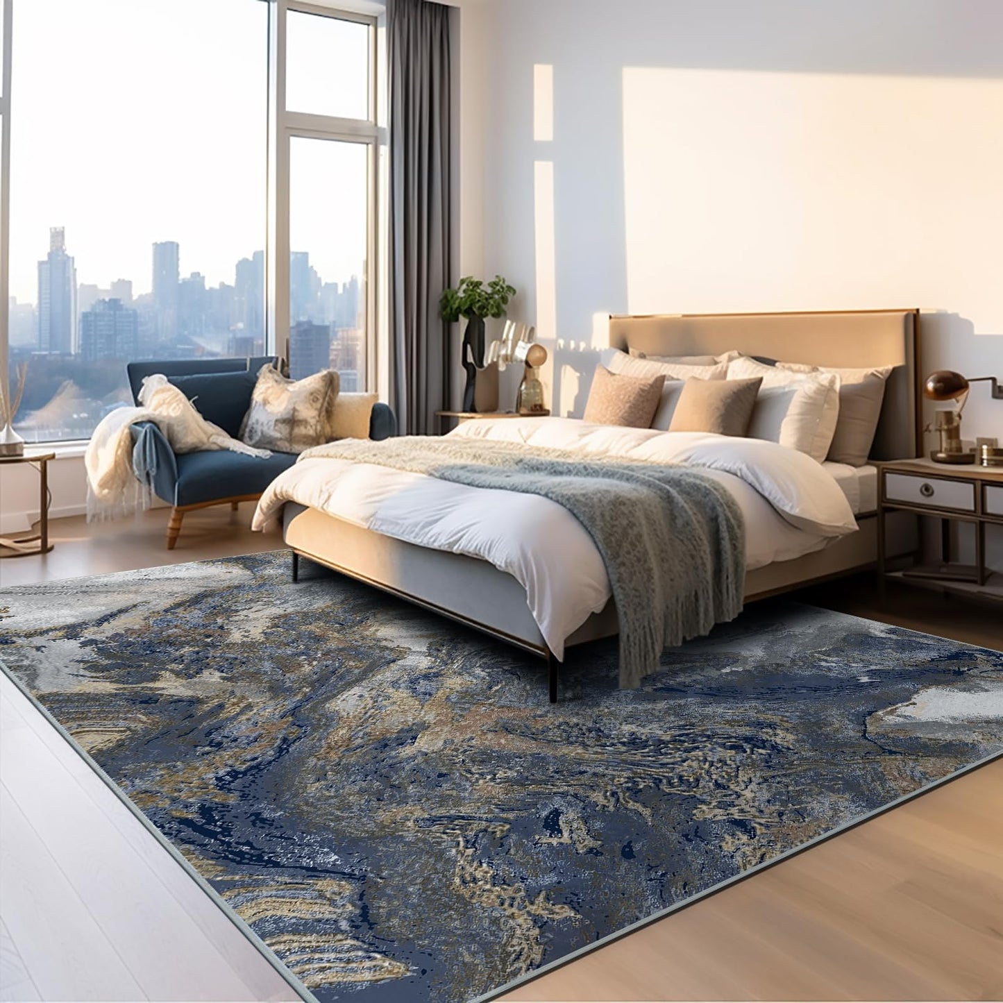 Abstract 9x12 Rug for Living Room: Modern Washable Blue Area Rugs for Bedroom Dining Room - Pet Friendly Thin Low Pile Non-Slip Stain Resistant Large Carpet