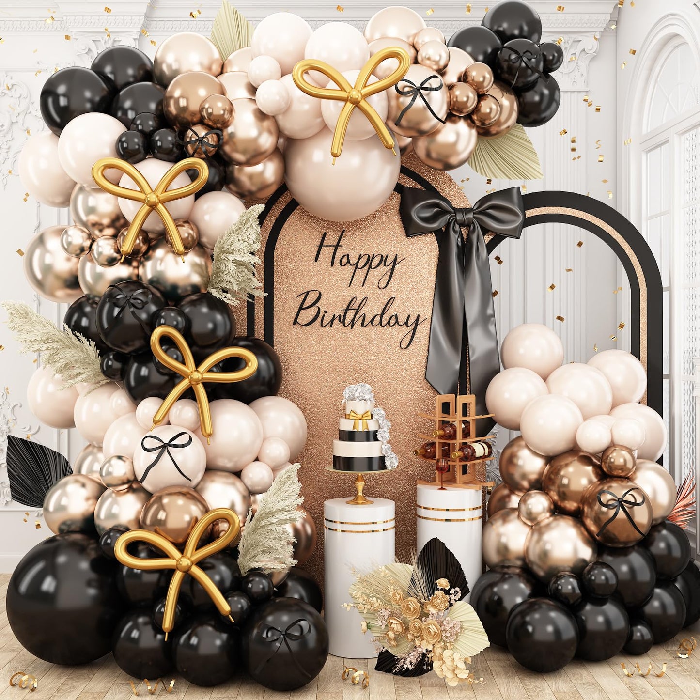 Black and Gold Balloon Arch Garland Kit, Graduation Balloons Black White Sand Beige Cream Champagne Gold Metallic Balloons for Congrats Grad Bridal Baby Shower Anniversary Wedding Birthday Party Decor