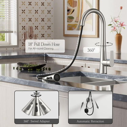 FORIOUS High Kitchen Faucet with Pull Down Sprayer Brushed Nickel, High Arc Stainless Steel Faucet for Kitchen Sink Single Handle 3 Modes with Deck Plate for 1 or 3 Hole, Fit for RV Bar Laundry