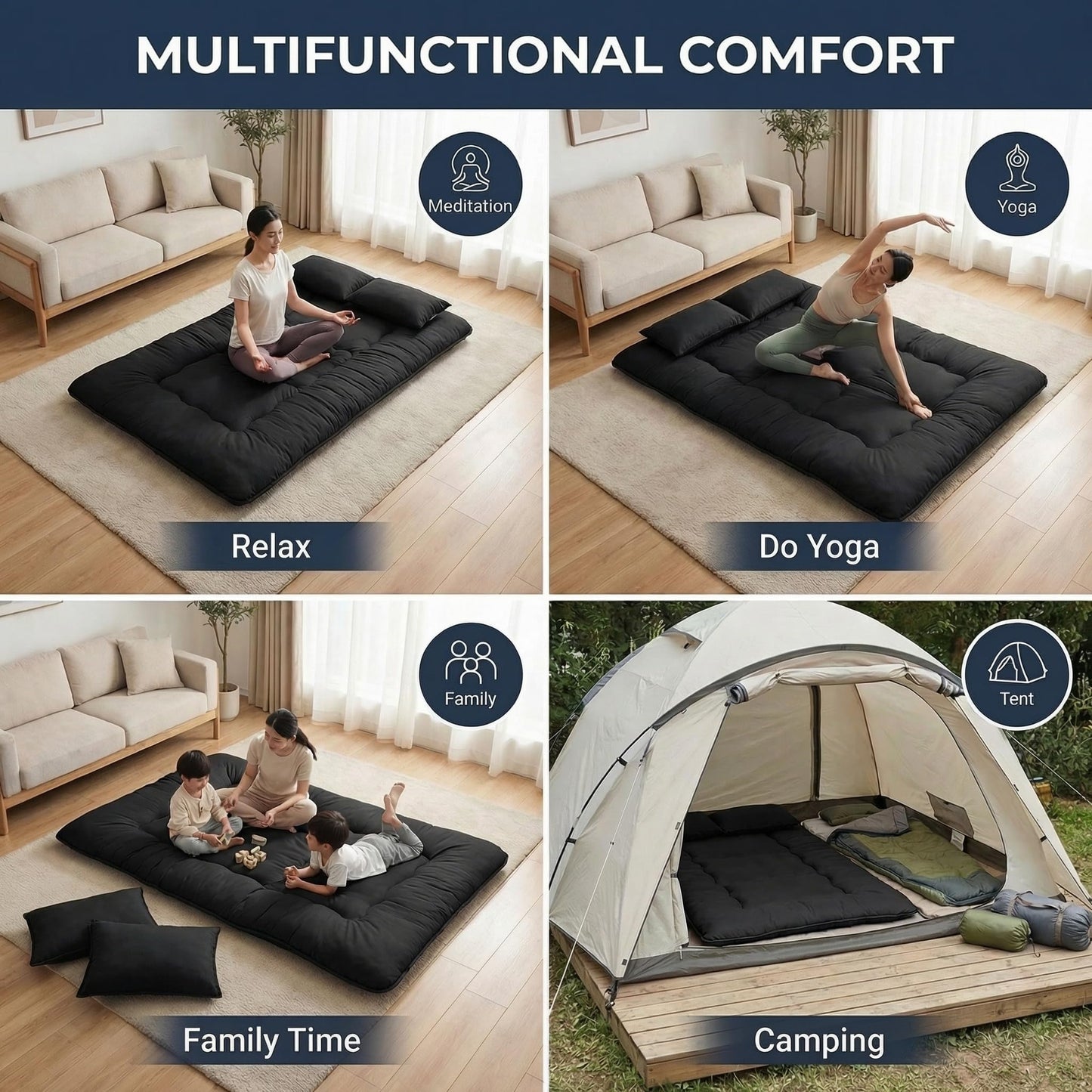 Cosovia Japanese Floor Mattress Futon Mattress, 3.5 Inch Thick Foldable Roll Up Tatami Mat with 2 Pillow Covers, Twin Size Floor Bed for Guest Room Dorm Camping Kids, Black
