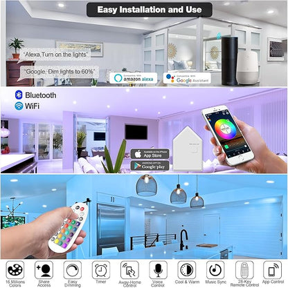 Smart Recessed Lighting 3 Inch, Dimmable, Tunable 2700K~6500K, CRI80+, RGB Color Changing LED Downlight Compatible with Alexa Google Home, Remote Control Small Canless Light, 8Pack