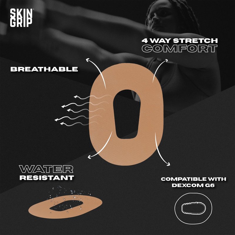 Skin Grip MAX Adhesive Patches Compatible with Dexcom G6 CGM – Pre-Cut, Non-Fraying, Extreme Adhesive Medical Tape – CGM Senor Cover, Waterproof & Sweatproof for 10-14 Days – 10 Pack, Tan