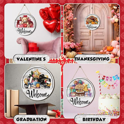 Yousoontic 17 Pcs 12 Inch Magnetic Welcome Door Sign Interchangeable Front Door Decor Rustic Fall Seasonal Hanging Sign Halloween Christmas Decor for Home Warming Gift(Classic Color,Welcome)