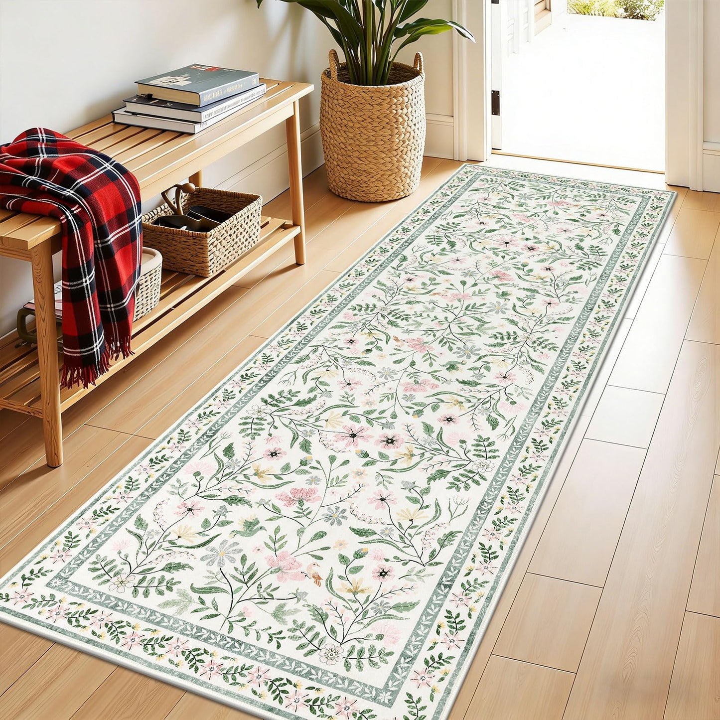 SHACOS Floral Runner Rug for Hallways, Non Slip 2'6"x8' Washable Boho Runner Rugs with Rubber Backing, Soft Floral Low-Pile Carpet for Laundry Kitchen Living Room Nursery Bedroom Indoor, Green
