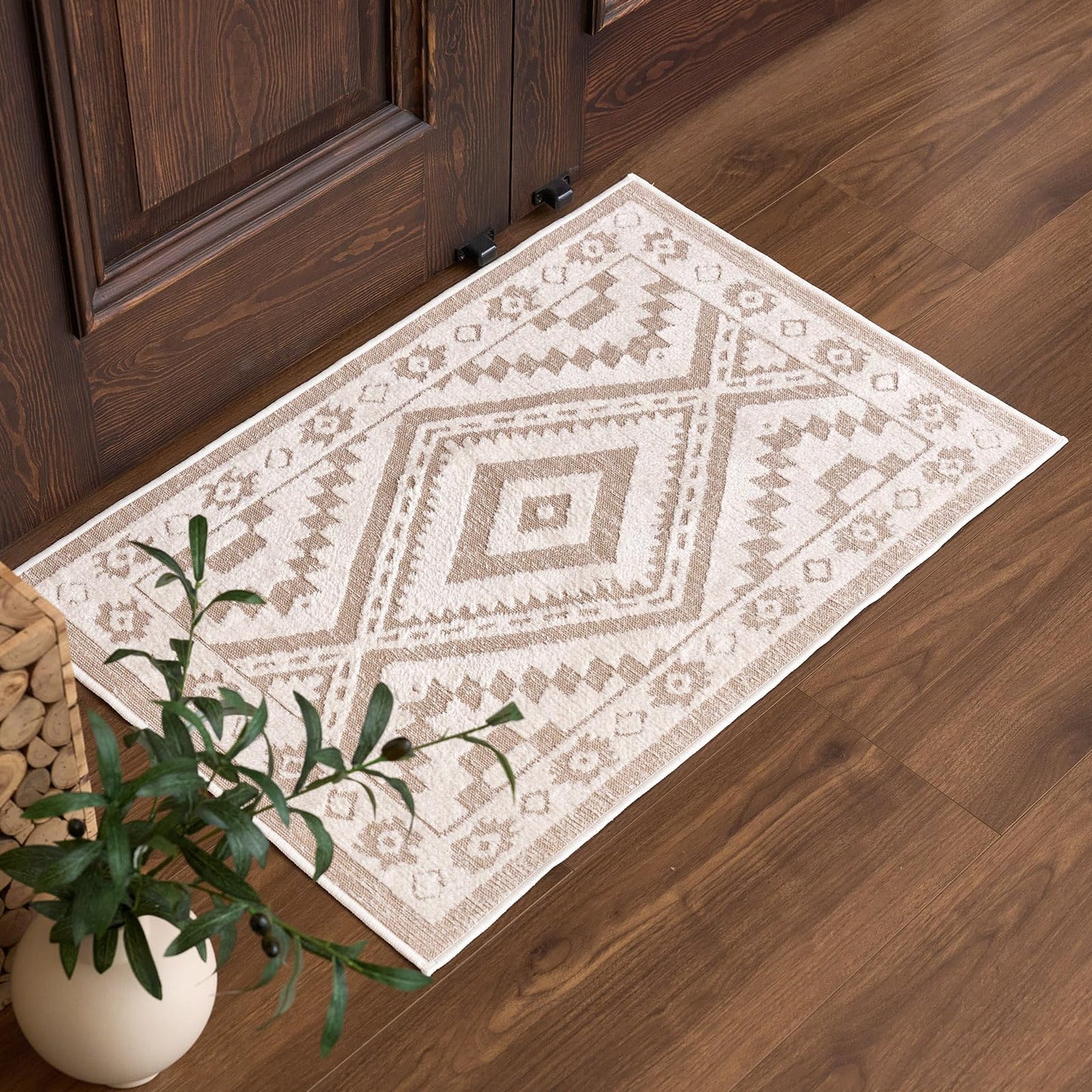 RAMEFILD Moroccan Washable Entryway Rug 2x3, Geometric Woven Area Rug, Non-Slip Boho Accent Soft Low-Pile Front Door Mat Indoor Entrance, Small Throw Rug for Bathroom Front Porch, Cream/White