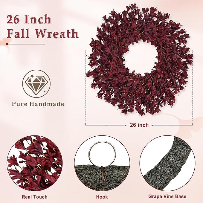 26 Inch Fall Wreaths for Front Door Outside，Realistic Autumn Wreath Outdoor，Large Halloween Thanksgiving Artificial Flowers Wreath，Fall Decorations for Home Harvest Porch Yard Mantle Fireplace Decor