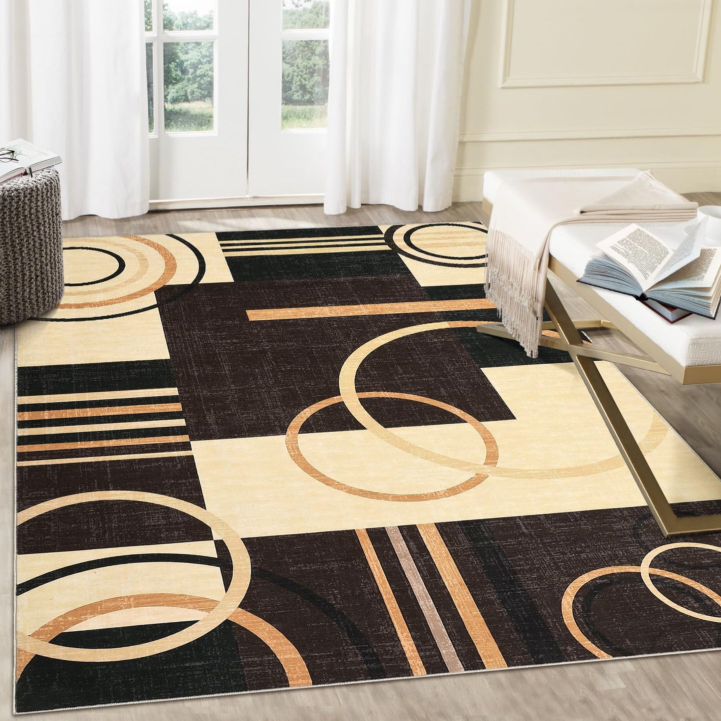 RUGSREAL Washable Rug 4x6 Abstract Circles Area Rugs Non Slip Floor Carpet Contemporary Soft Rug Low Pile Accent Rugs for Indoor Living Dining Room, Brown