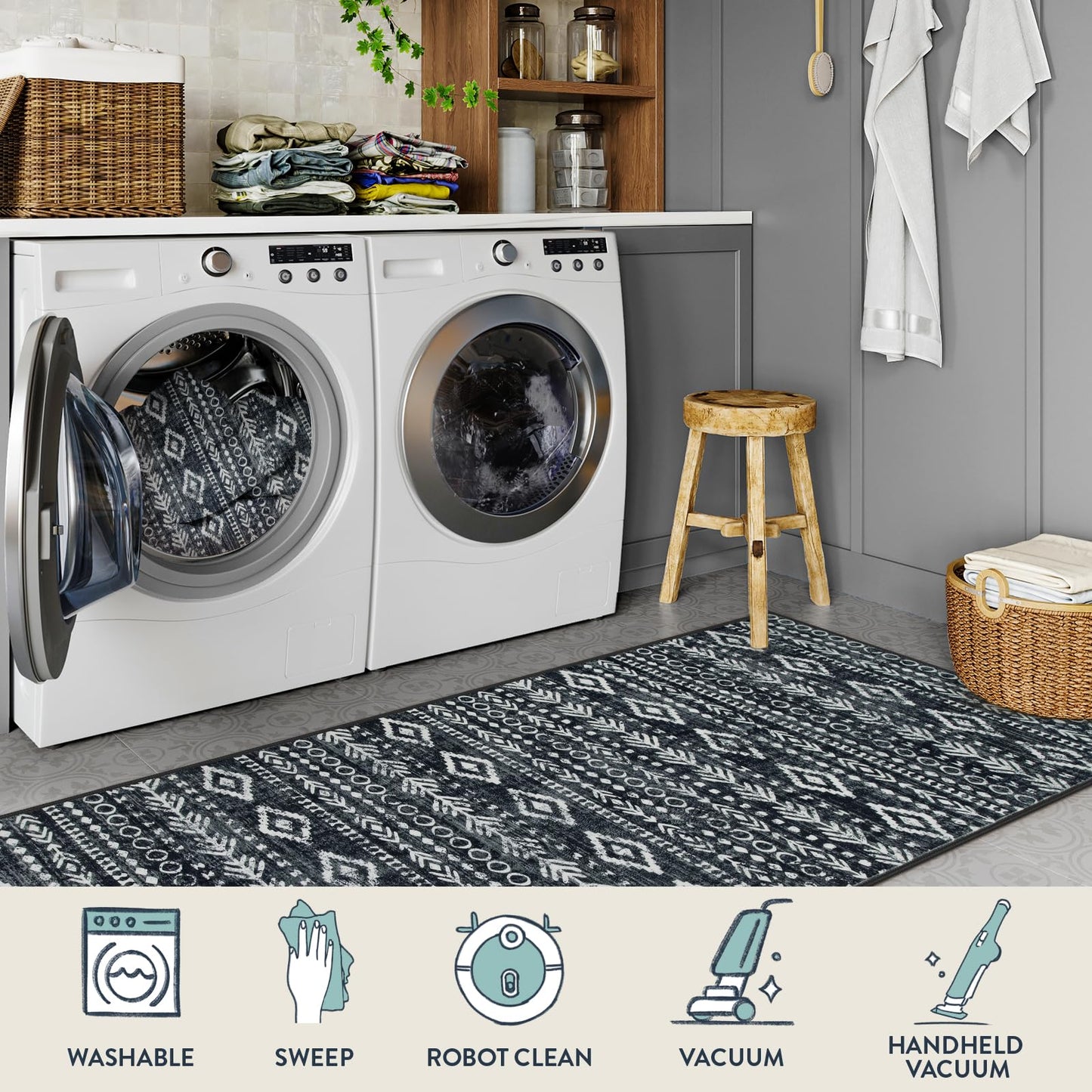 Lahome Moroccan Runners for Hallways, Washable 2.5x8 Black White Hallway Runner Rug Non-Slip, Low-Pile Soft Tribal Print Boho Indoor Bedroom Carpet Runners 8ft for Entryway Kitchen Laundry Varena