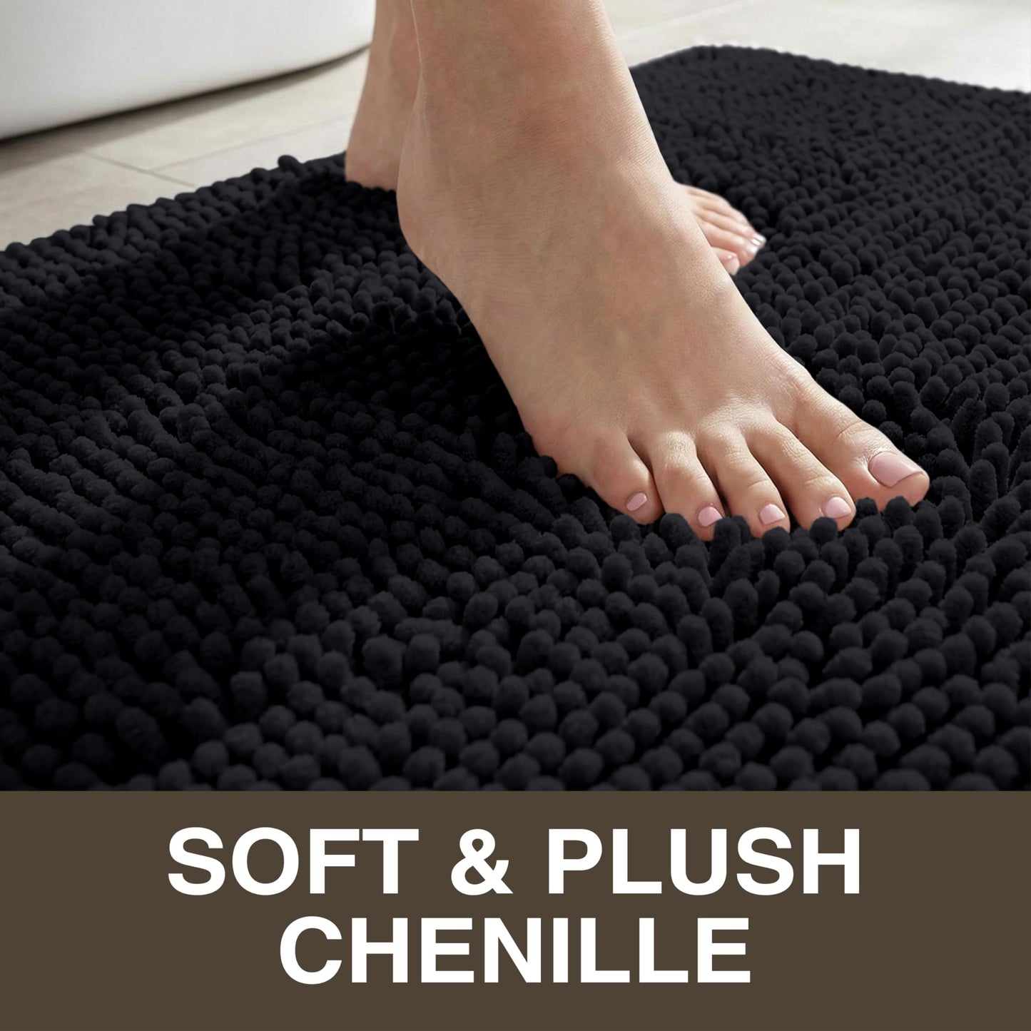 Neater Home Plush Bathroom Rugs 36x24 Thick Chenille Quick Dry Microfiber Absorbent Bath Mat, Soft Bath Rugs, Machine Washable Bathroom Floor Mat for Tub Shower Sink, Home Decor Accessories, Black
