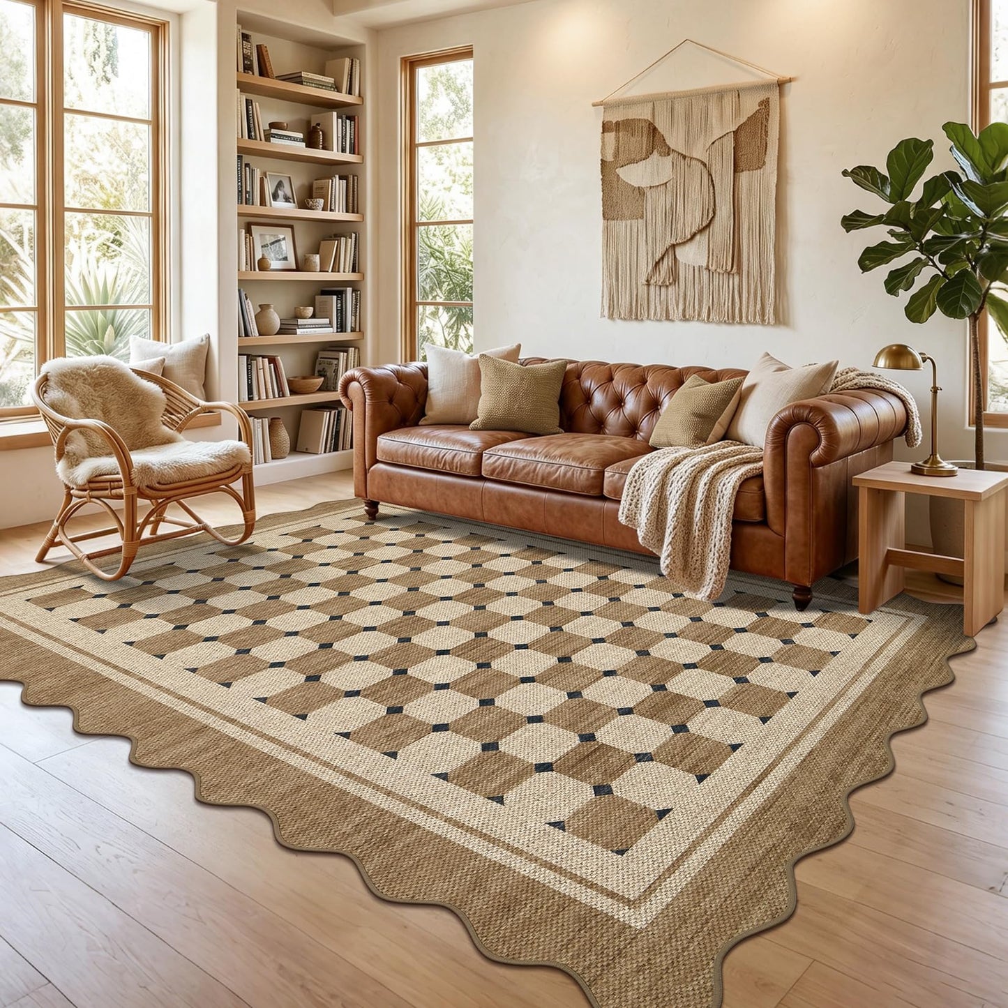Garvee Easy Jute Scalloped Area Rug, 4x6 Neural Checkered Modern Washable Rugs for Living Room Non-Slip Low Pile Entryway Rug, Farmhouse Indoor Outdoor Carpet for Kitchen Backyard Bedroom Office 4'x6'