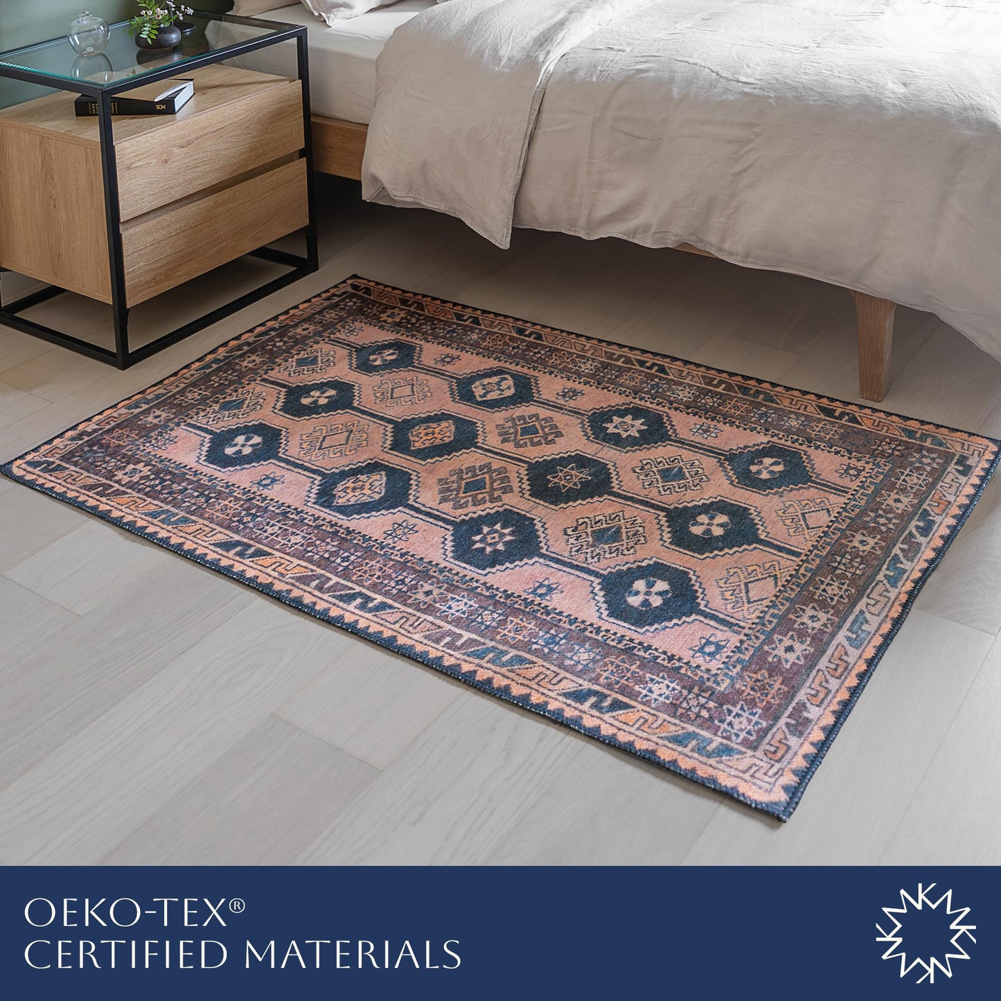 KNOTTING MATTERS Indiclay 3’ x 5’ Area Rug – Blush Pink & Deep Navy Heritage Flatweave, Low-Pile – Easy Clean Accent Rug – Perfect for Entryway, Hallway, Kitchen, Bedroom – Pet & Kid Friendly