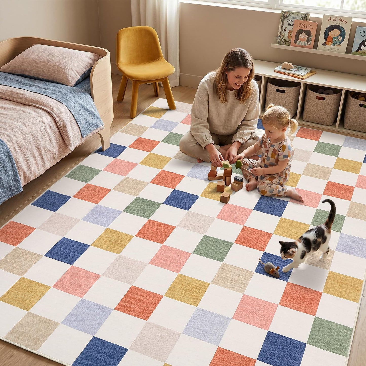 GarveeHome Checkered Nursery Kids Boy Playroom 5x7 Washable Rug Geometric Modern Soft Low-Pile Stain Resistant Rug for Bedroom Living Room Entryway Non-Slip TPE Backing