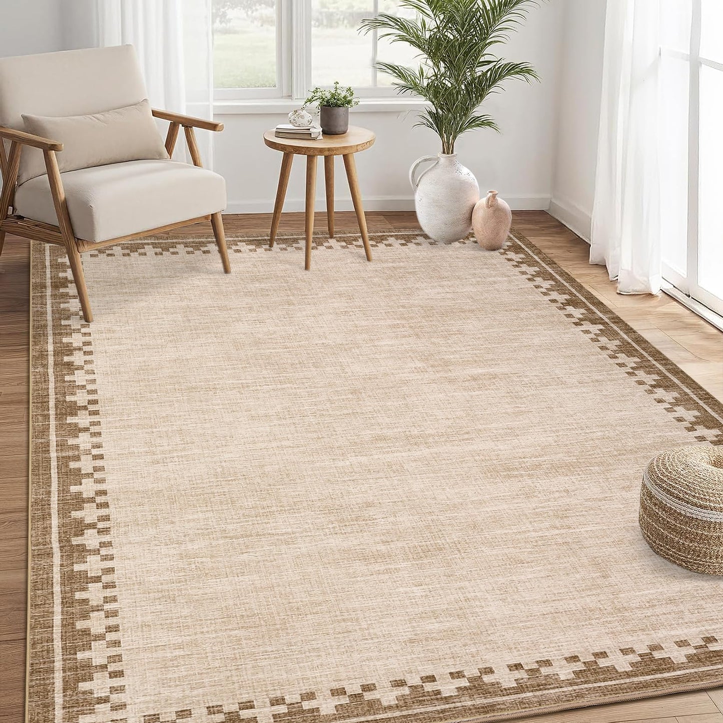 GarveeHome Neutral Bedroom Area Rugs 4x6 Washable Living Room Rugs Non Slip Stain Resistant Modern Border Throw Carpet Cross Pattern Geometric Low Pile Indoor Rugs for Dining Room Nursery Dorm, Beige