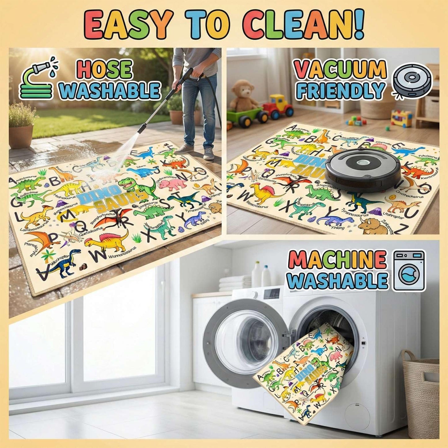 HBUFBUQ Dinosaur Area Rug with ABC Alphabet, Kids Rugs for Playroom 3x5, Non Slip Educational Play Mat for Bedroom Nursery Classroom, Toddler Learning Carpet
