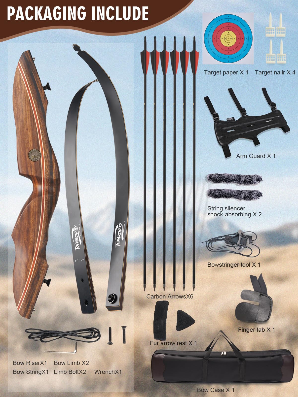TOPARCHERY Recurve Bow Set for Adult & Beginner, 60" Wooden Takedown Recurve Hunting Bow for Outdoor Training Practice Right Handed 25-60LB (Brown, Right Hand, 30, Pounds)