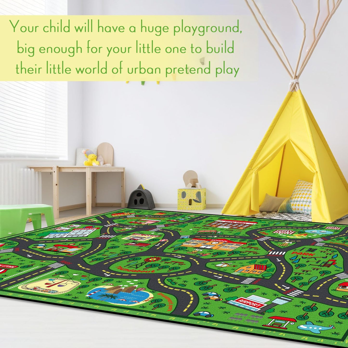 Tinideya Kids Playmat Rug 4x6 ft, Non-Slip Rubber Backing Traffic Road Playmat, Cars Play Mat for Toddler Children Playroom Classroom Bedroom(Green, Traffic Road)