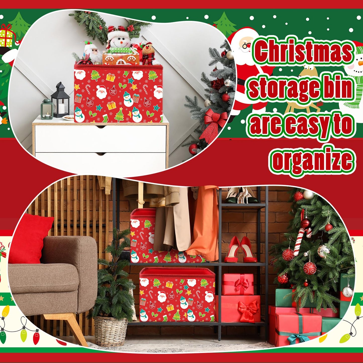 Acellegic 4 Pcs Large Christmas Storage Basket 15 x 10 x 9.5 Inch Foldable Christmas Storage Bins with Handles & Drawstring Lid Xmas Bins Cotton Laundry Organizer for Holiday Bedroom Home(Cheerful)