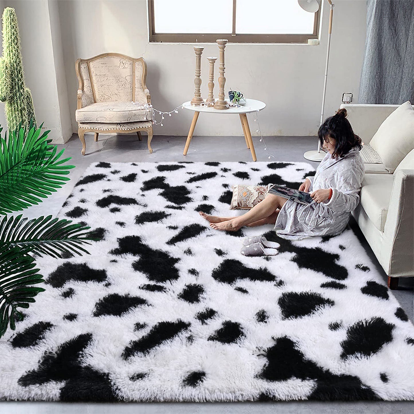 DweIke Fluffy Black White Rugs for Bedroom Living Room, 5x8 Feet Soft Plush Shaggy Cow Hide Print Girls Boys Kids Rug, Non-Slip and Machine Washable Carpet for Dorm Nursery Classroom Decor