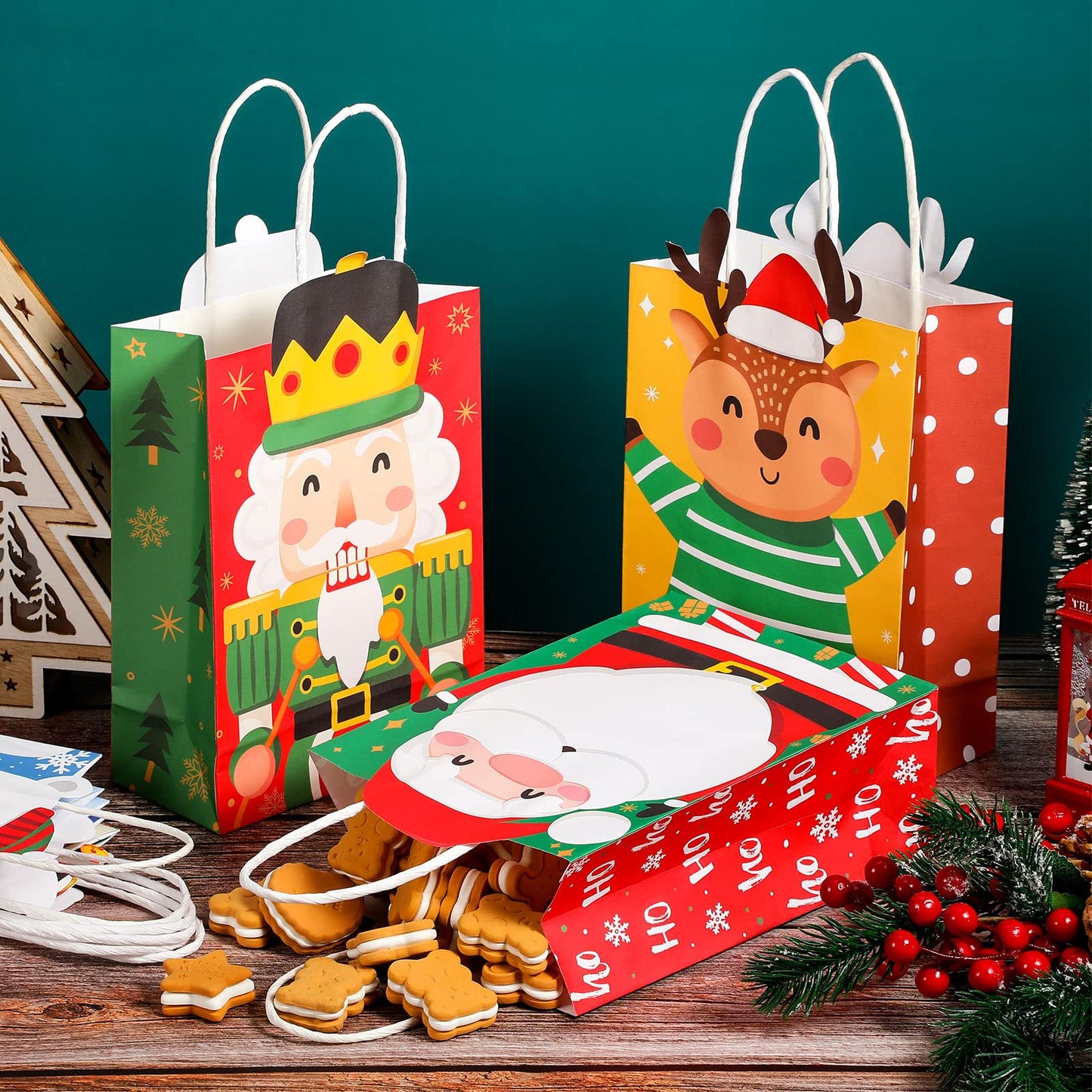 Funrous 18 Pack 36 Pack Christmas Gift Bags 6 Designs Christmas Kraft Paper Bags Xmas Treat Goodie Favors with Handles for Winter Holiday Snacks Gift Party Supplies, 8.6 x 6.3 x 3.2 Inch