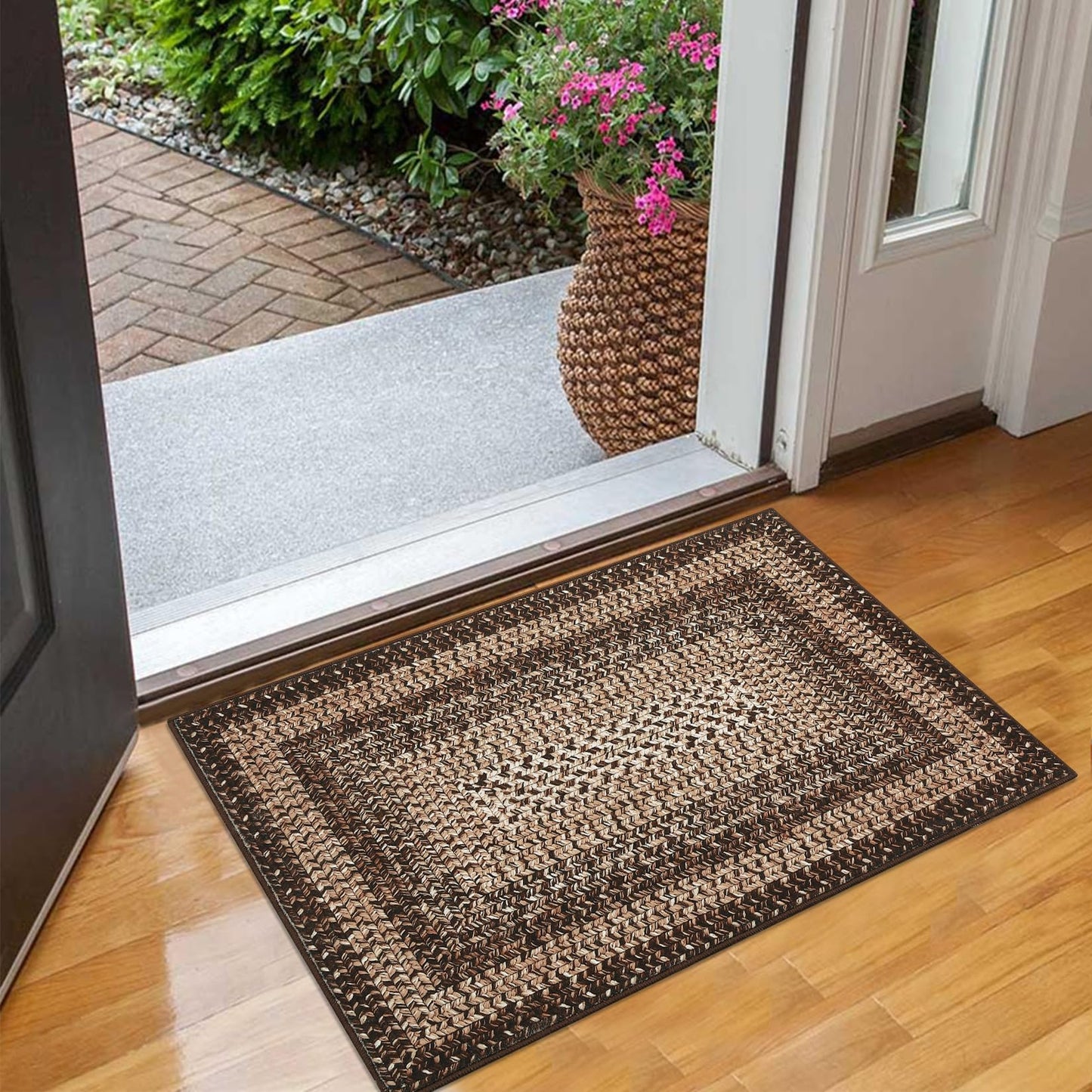 RUGSREAL 2x3 Entry Rug Small Bedroom Area Rug Braided Printed Mat for Living Room Farmhouse Kitchen Mat Indoor Non Slip Rustic Throw Carpet Machine Washable Rug for Sink Under Table, Brown