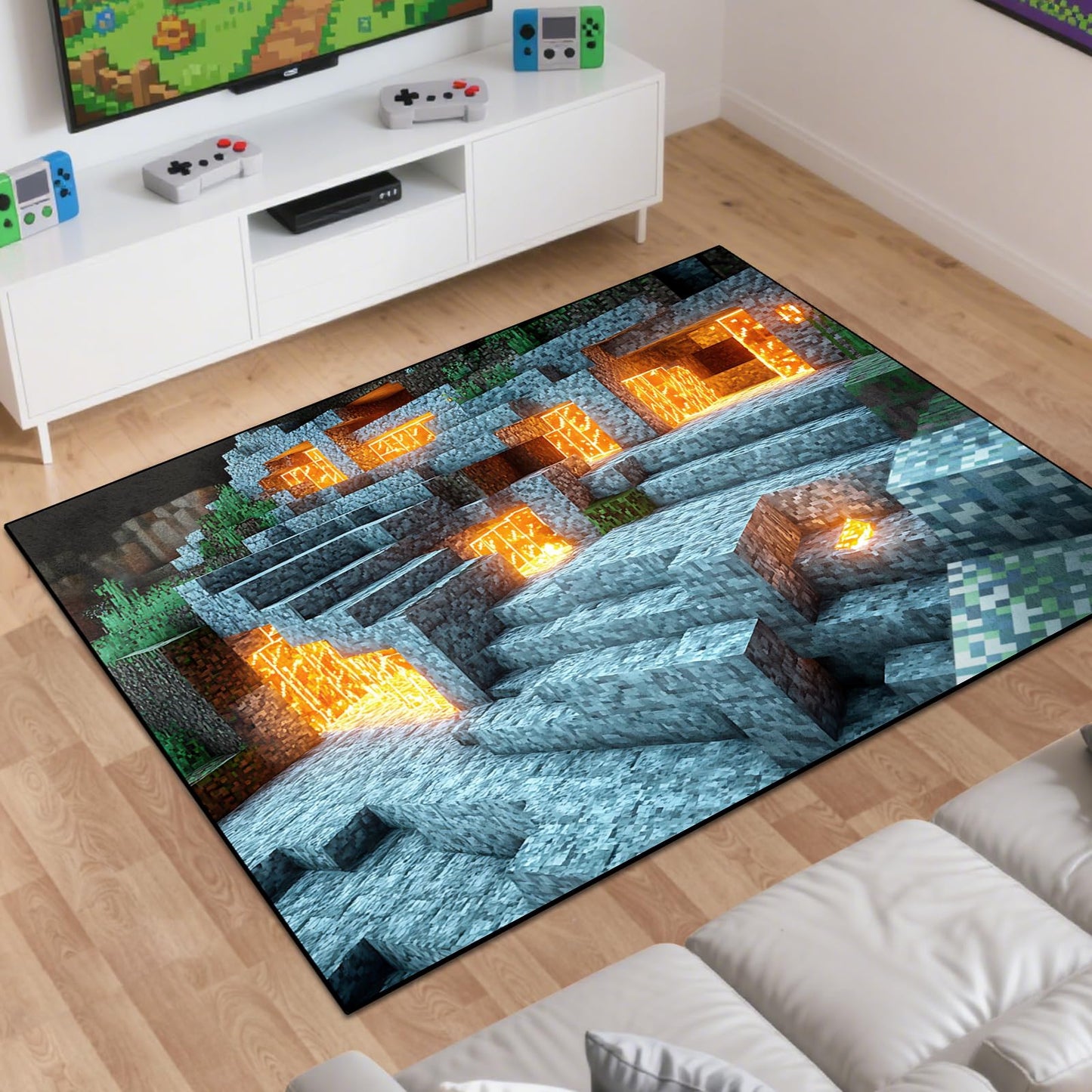 Block Game Rug Teen Kids Carpet, Pixel Games Scene Decoration Mat, Washable Game Rugs for Boy’s Bedroom Living Room Playroom, Non-Slip Children Gaming Area Rugs (Blue Rock Lava, 60" x 40")
