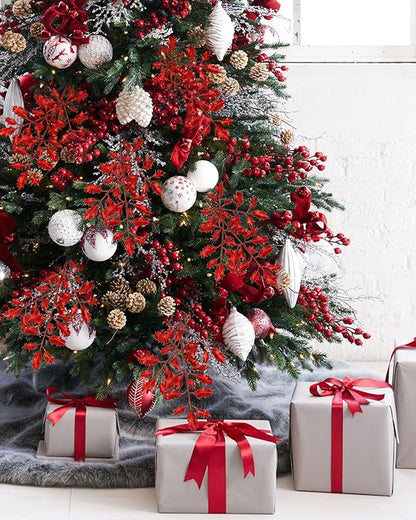 DILATATA 6Pcs Christmas Glitter Leaves Holly Leaves 23" Artificial Red Holly Leaf Picks Sprays Giltter Stems for Christmas Tree DIY Xmas Wreath Garland Home Decor - Red