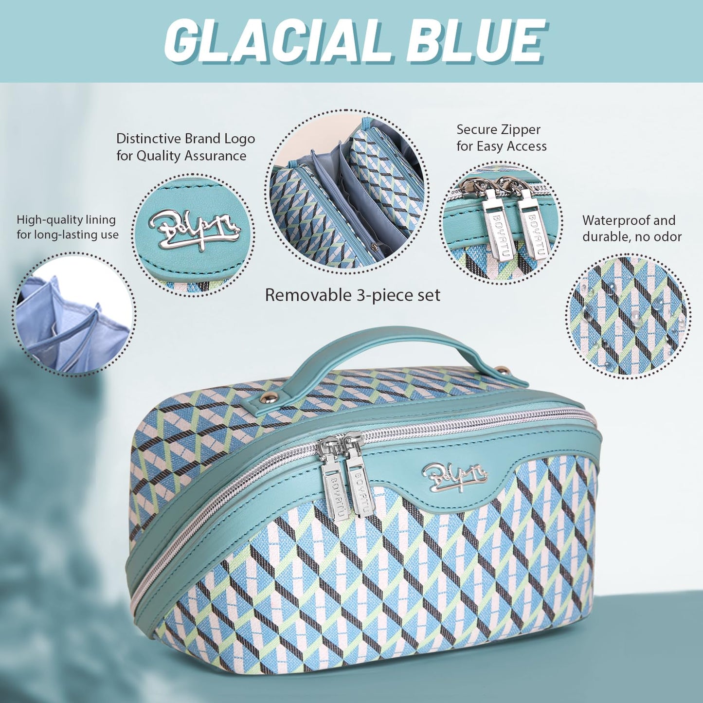 BOYATU Travel Makeup Bags for Women: Large Capacity Cosmetic Bag Set of 3 - Vegan Leather Make up Bags with Compartments - Wide Open Waterproof Toiletry Organizer Bag with Handle (P-02-Blue)