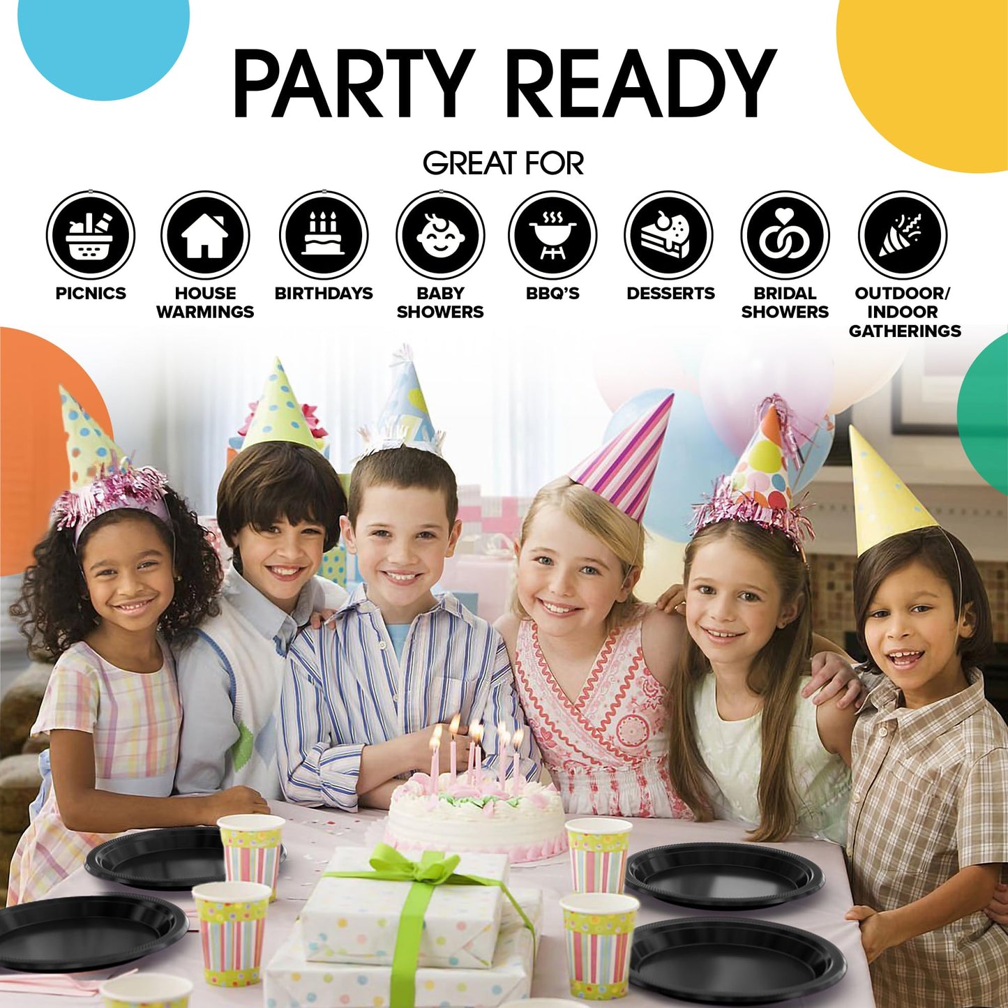 Exquisite Party Solids Black Plastic Plates For Party 9" Black Disposable Plates Heavy Duty Supplies 100 Pcs Plastic Dinnerware Sets Heavy Duty 350 GSM Disposable Dinnerware Set