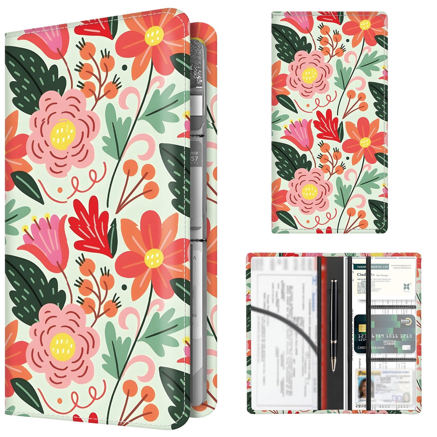 BAUCIWLD Premium Car Registration and Insurance Card Holder, Cute PU Leather Car Document Holder, Vehicle Glove Box Car Organizer with Magnetic Closure for Driver License, Cards Bright Exotic Floral