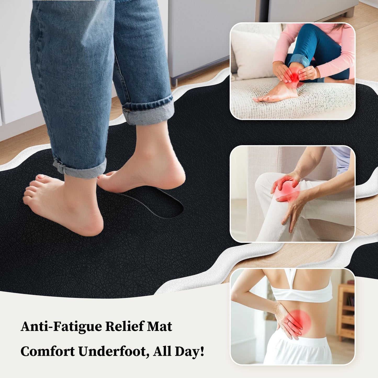 Arenarug Scalloped Black White Kitchen Mats Rugs Sets of 2 Cushioned Anti Fatigue Floor Mat Waterproof Kitchen Rugs Non Slip Foam Comfort Standing Mat for Sink Laundry