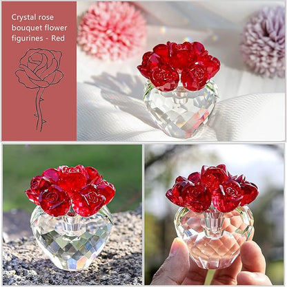 LONGWIN Crystal Rose Flower Figurines Collectible Glass Spring Bouquet with Vase Home Decor Romantic Gifts for Women Red