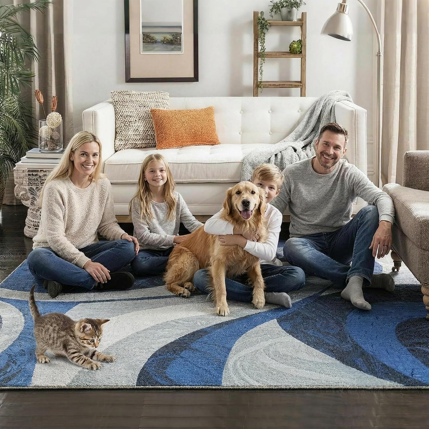Washable Area Rug for Living Room, Indoor, Dinig Room – Soft Pile Non-Slip Rug for Kitchen – Modern Contemporary Design Machine Washable Carpet, Foldable Rug, Easy to Clean – (5X7-Dark Blue)
