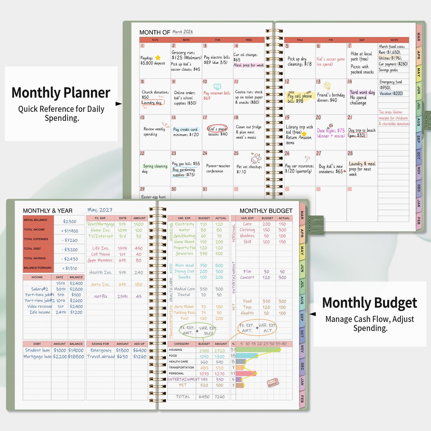Budget Planner - Monthly Budget Book for Daily Expense Tracking, Business, Debt, Savings, B5 (7.3" x 10.15") Undated Financial Planner with Colorful Tabs Manages Your Money Effectively, Light Green