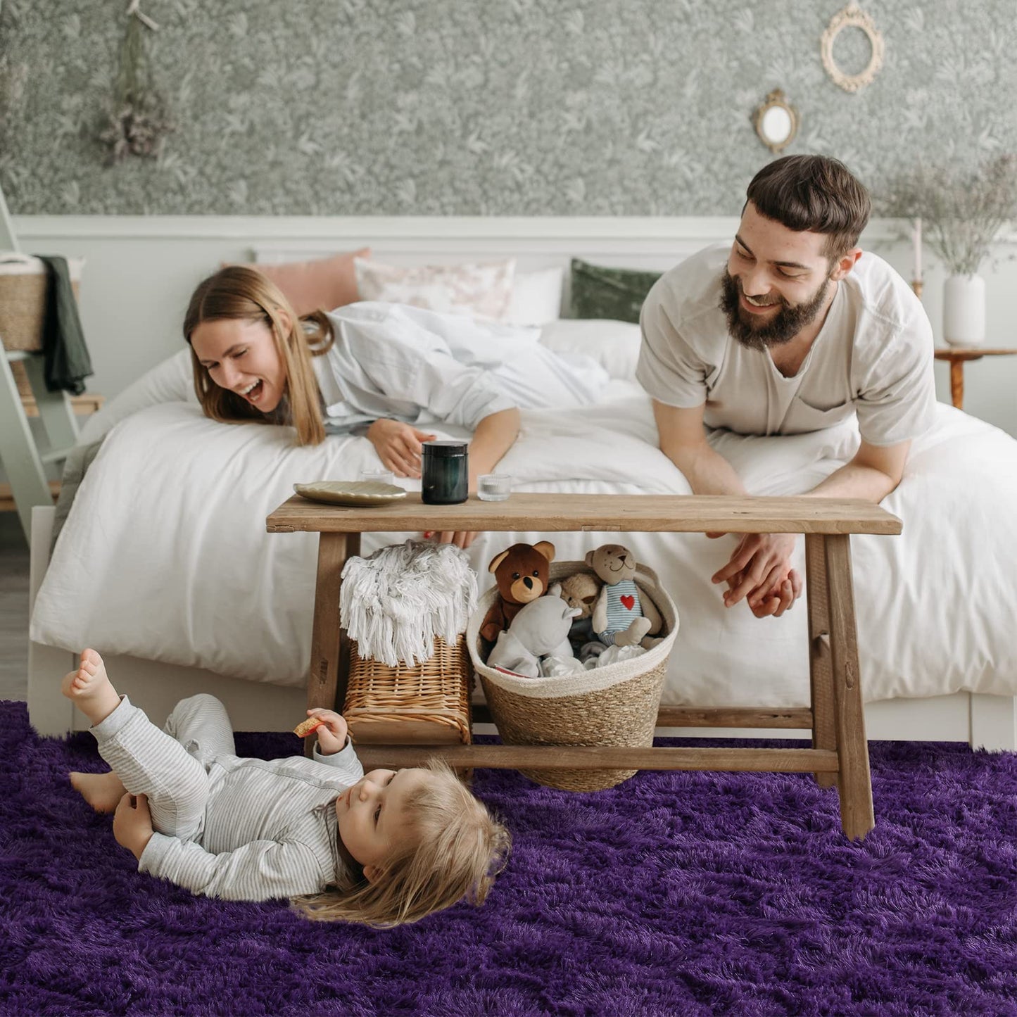 Rtizon Shag Area Rug for Bedroom, 8x10 Feet Fluffy Rugs for Living Room, Plush Carpet with Non-Slip Bottom for Office Girls Boy's Bed Bedside Nursery Room, Dark Purple
