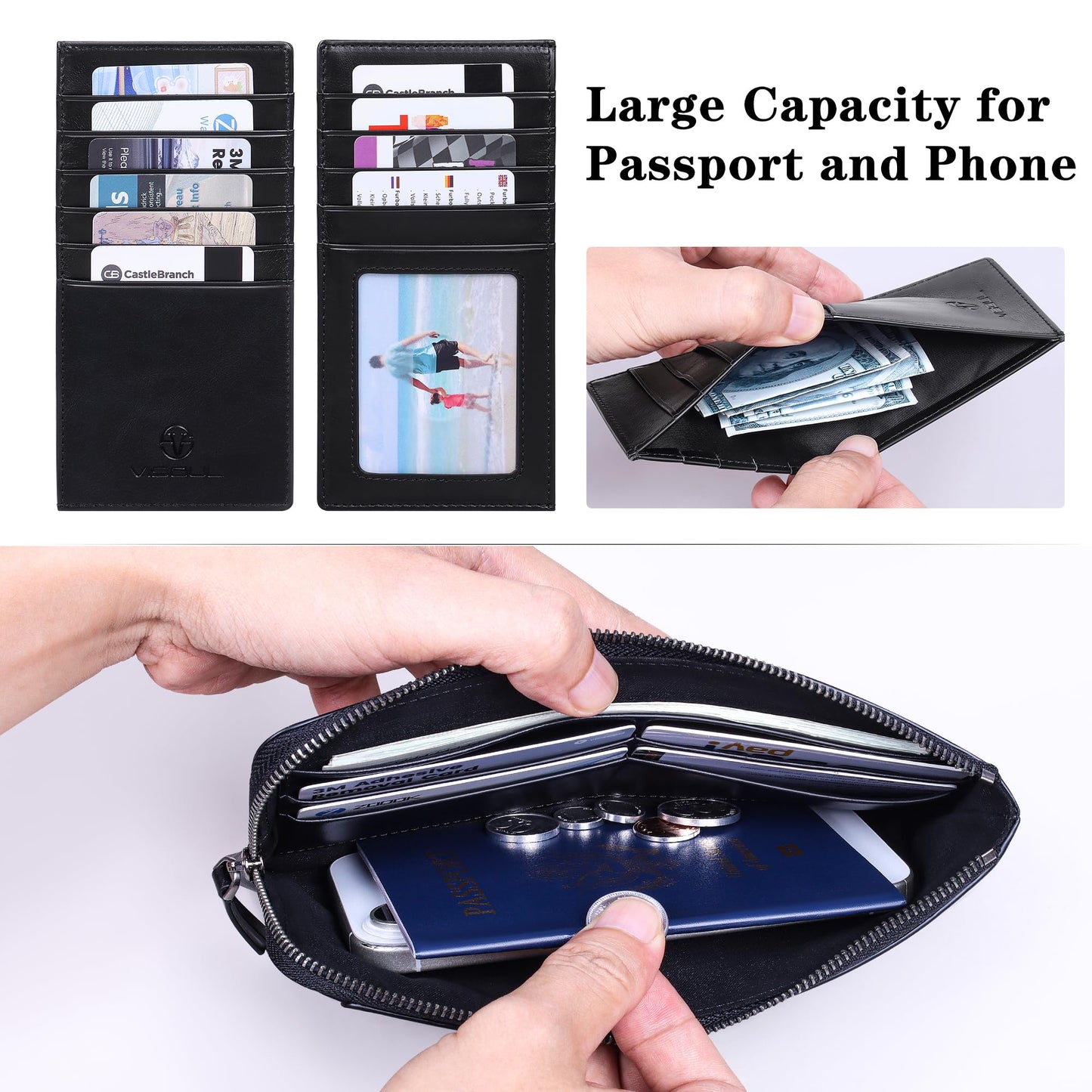 VISOUL Long Zipper Cash Wallet for Men and Women with Removable Credit Card Holder, Soft Genuine Leather Clutch Wallet-Black