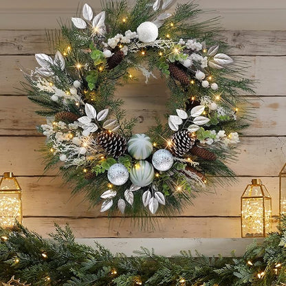 28’’ Pre-Lit Artificial Christmas Wreath, Theme Battery Operated 35 LED Lights with Faux Greenery, Pine Cones, Silver Leaves, White Berries and Silver Ornaments
