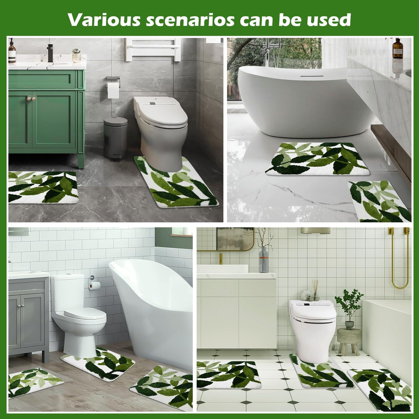Baahrnom Tufted Toilet Rug 24" x 20" Green Toilet Rugs U Shaped Machine Washable Cute Leaves Toilet Bath Mat Soft Non Slip