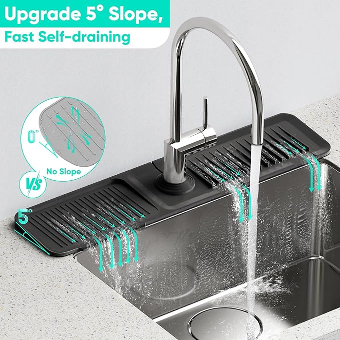 24 Inch Longer Faucet Mat for Kitchen Sink, 5° Slope Fast Self-draining