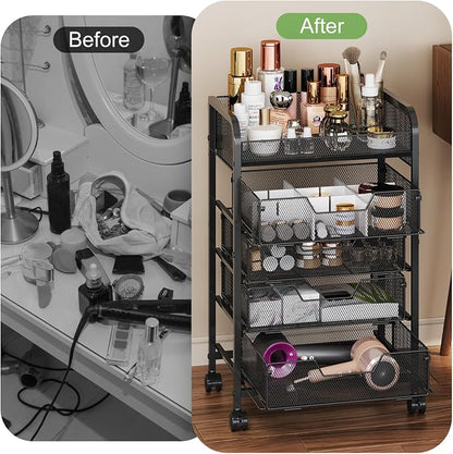 Hongtamoya Makeup Cart Organizer with 4 Drawers, Vanity Storage Organizer, Large Floor Skincare Organizers Cosmetics Display Cases for Skin Care Perfume Nail Polish, Black