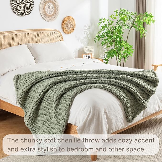 Chunky Knit Blanket Throw, 100% Hand Knit Throw Blanket Handmade Chenille Cable Knit Throw for Couch, Stylish Cozy Soft Rope Knot Crochet Blanket for Home Decor, Sage Green, 40x50 Inches