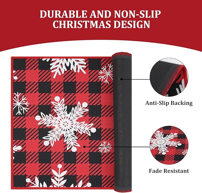CAROMIO Christmas Doormat Holiday Xmas Buffalo Plaid Door Mat Winter Christmas Snowflakes Checkered Welcome Mat Outdoor Indoor Non Slip Decorative Entrance Floor Mat for Front Porch, 17x29 Inch
