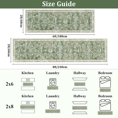 Yamaziot Washable Runner Rug 2x8 – Non Slip Boho Floral Hallway Runner Rug with Rubber Backing, Low Pile Wool Distressed Carpet for Kitchen, Laundry, Bedroom, Entrance, Mottled Green