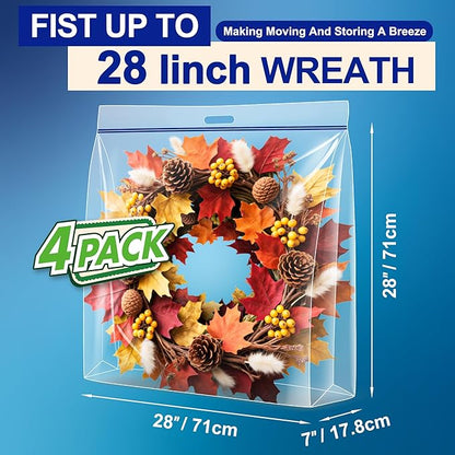 Extra Large Wreath Storage Bag, 28"x28"x7", Clear Storage Bag with Handle, Summer Christmas Decoration Garland Container for Seasonal Thanksgiving Holiday Artificial Wreath, 4 Pack