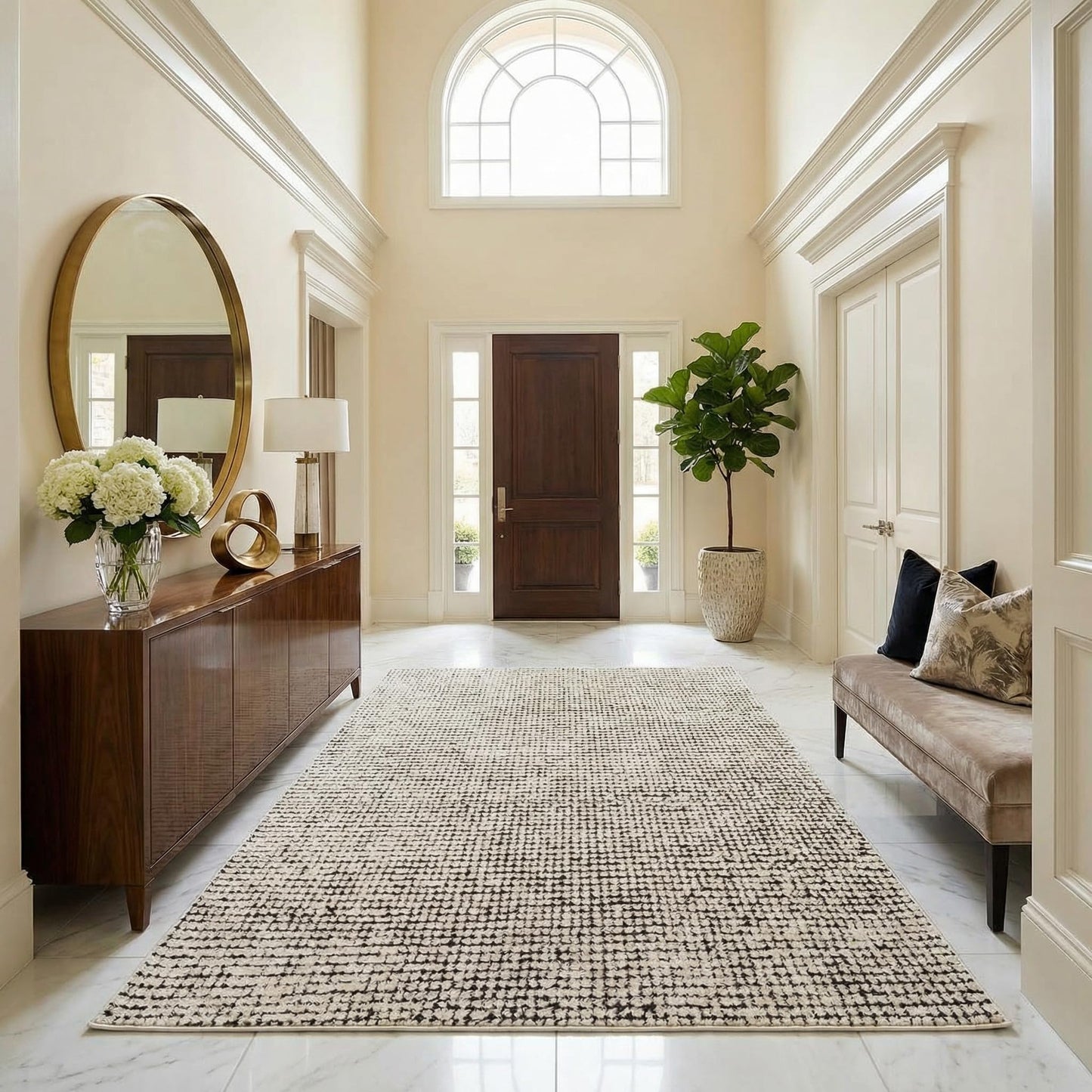 BoutiqueRugs Ivory Grid Contemporary Plush 5x7 Area Rug Black Checkered Mosaic Keita Living Room Bedroom Dining Room Home Office Apartment 5'3" x 7' Stain Resistant Non-Shedding Pet Friendly