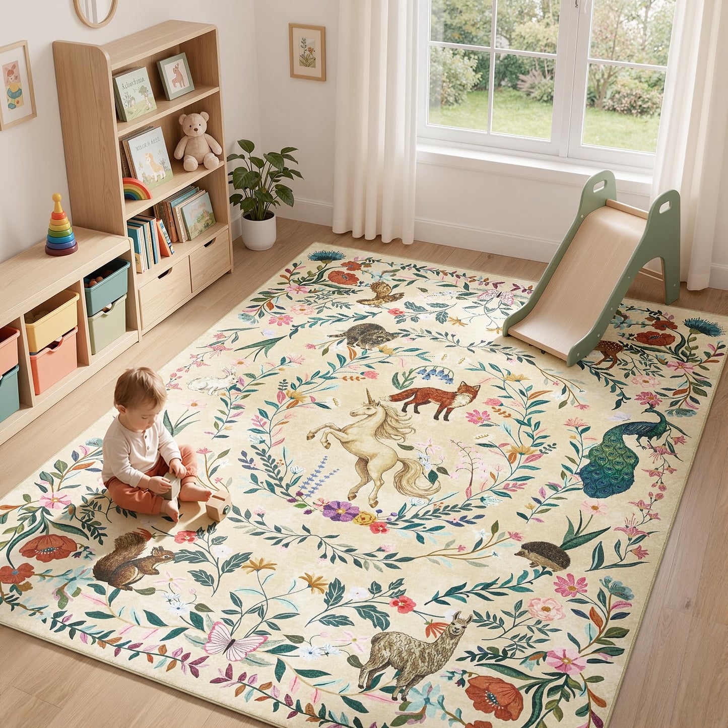 jinchan Moonrise Area Rug 8x10 Kids Room Rug Washable Unicorn Rug Soft Non-Slip Low Pile Fairytale Woodland Animals Floral Carpet for Classroom Nursery Playroom Bedroom Living Room Daylight Cream