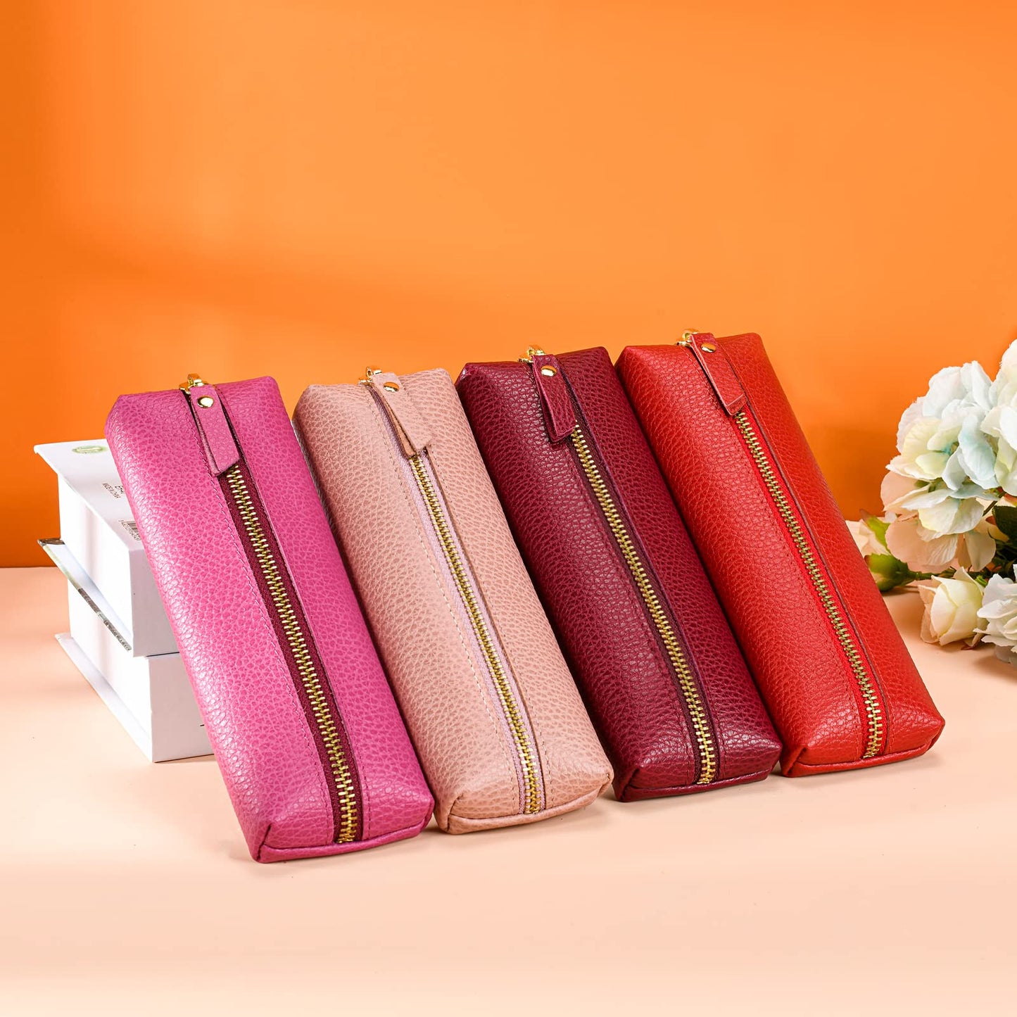 Sluxa Genuine leather pen case, Cowhide pencil pouch with zipper, Soft black pen bag for adults.