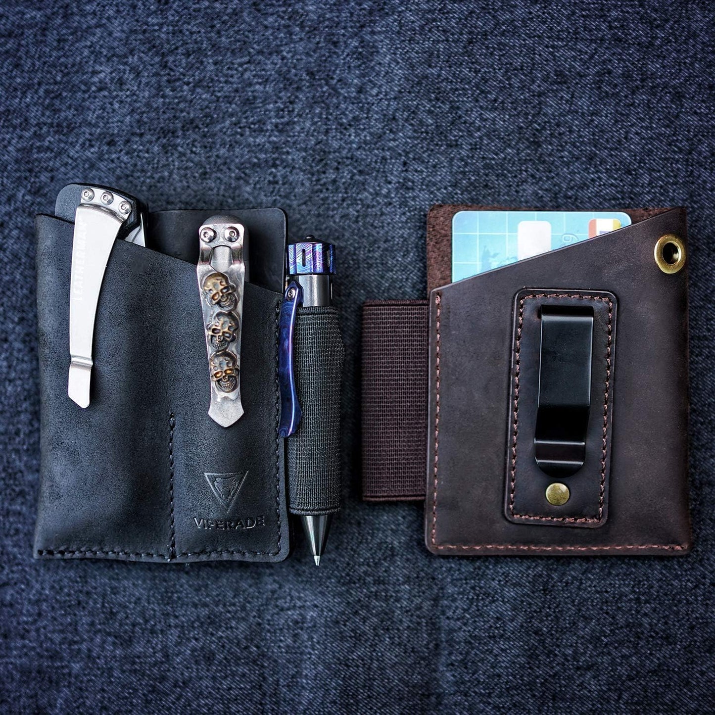 VIPERADE PJ12 Leather EDC Pocket Organizer for Belt, Multitool and Flashlight Holster, Leather EDC Holster with Pen Loop, EDC Leather Knife Sheath with Belt Clip
