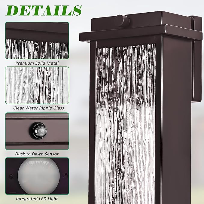 16" Oil Rubbed Bronze Dusk to Dawn LED Outdoor Wall Light, Large Brown Exterior Lighting Fixture, Modern Outside Wall Mounted Porch Sconce, Waterproof Patio Lantern Lamp with Sensor, 1 Pack