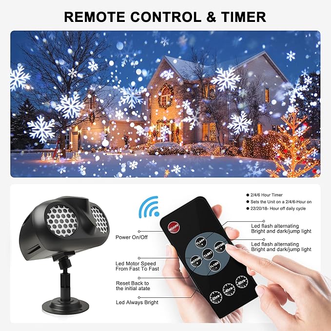 Christmas Snow Projector Lights, Dynamic Rotating Snowflake Projection Light Outdoor, IP65 LED Snow Spotlight Lightning for Halloween Xmas New Year Party Wedding Holiday Garden Decor